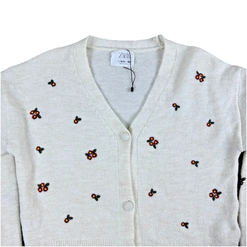 Zara Girls Cream Floral‎ Embroidered Cardigan 13 14 Cropped V Neck Knit